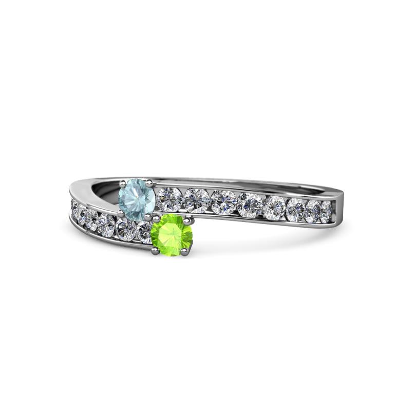 Orane Aquamarine and Peridot with Side Diamonds Bypass Ring 