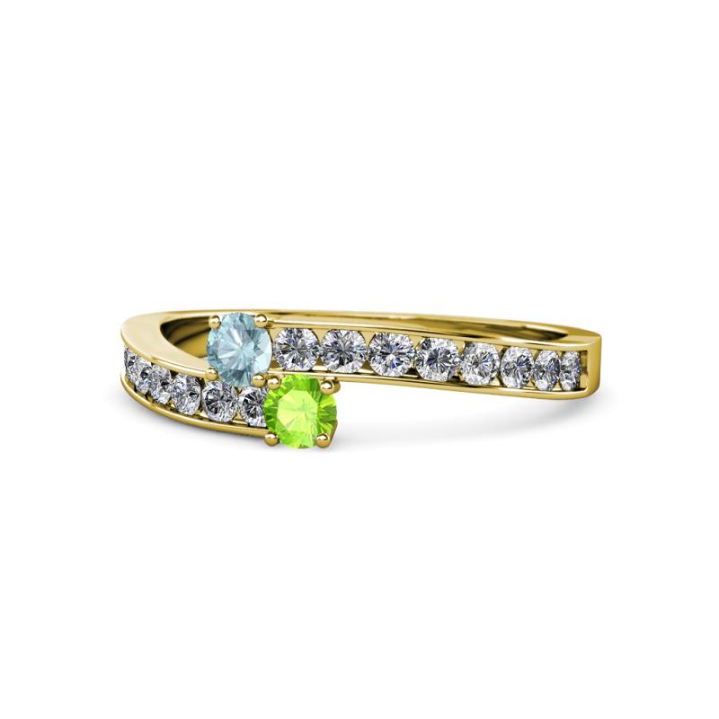 Orane Aquamarine and Peridot with Side Diamonds Bypass Ring 