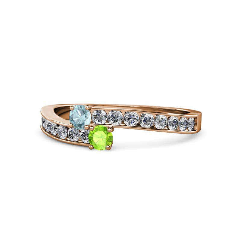 Orane Aquamarine and Peridot with Side Diamonds Bypass Ring 