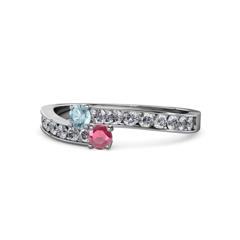 Orane Aquamarine and Rhodolite Garnet with Side Diamonds Bypass Ring 