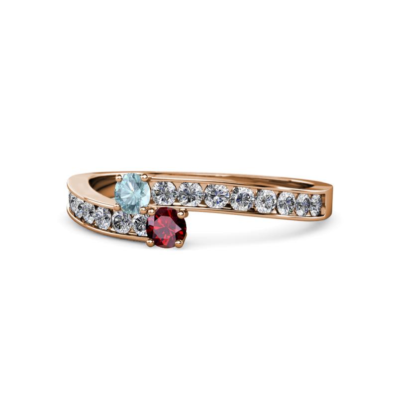Orane Aquamarine and Ruby with Side Diamonds Bypass Ring 