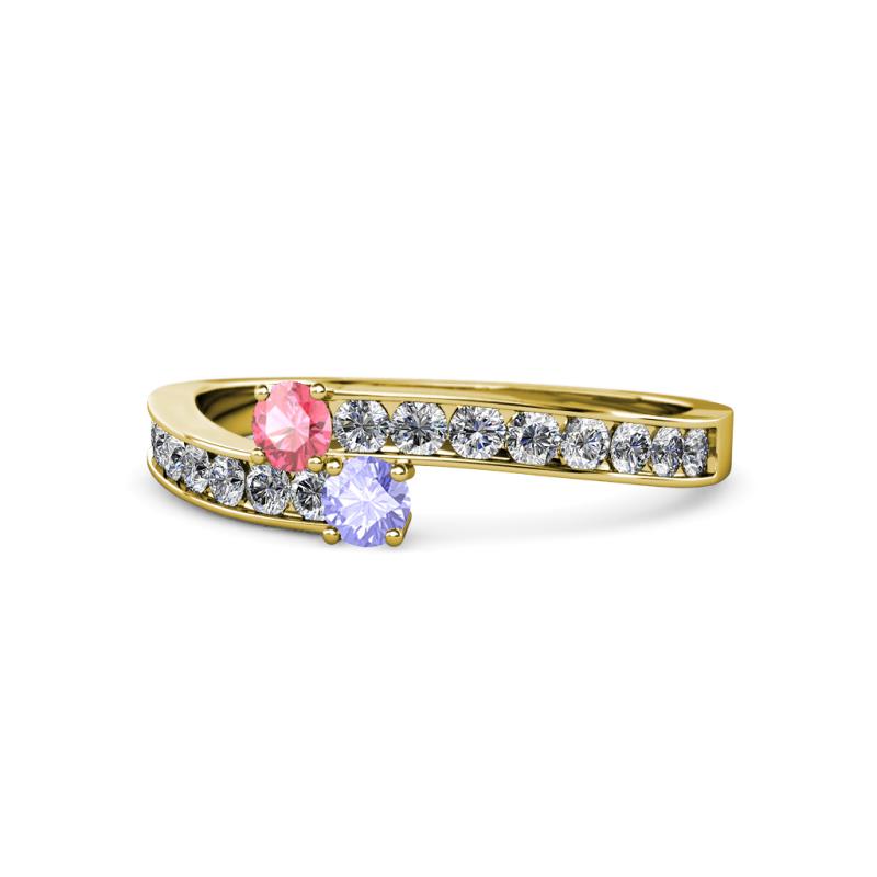 Orane Pink Tourmaline and Tanzanite with Side Diamonds Bypass Ring 