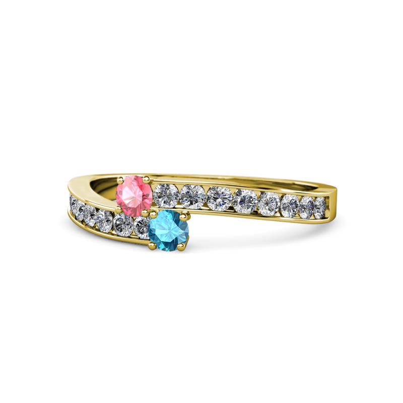 Orane Pink Tourmaline and London Blue Topaz with Side Diamonds Bypass Ring 