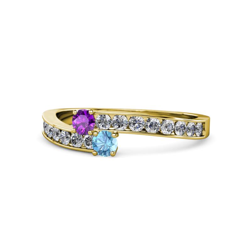 Orane Amethyst and Blue Topaz with Side Diamonds Bypass Ring 