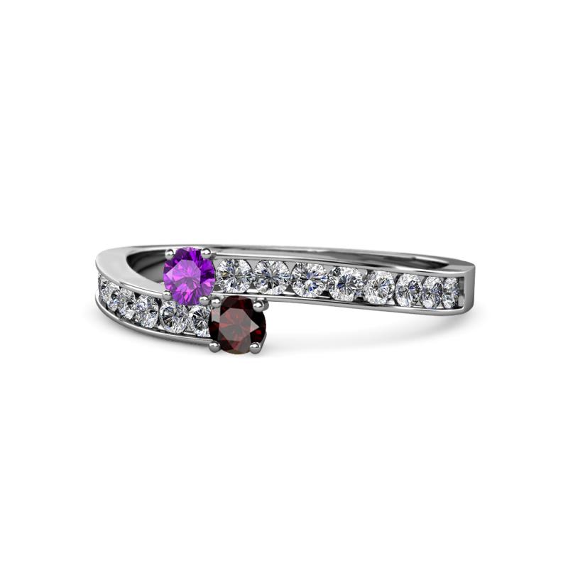Orane Amethyst and Red Garnet with Side Diamonds Bypass Ring 