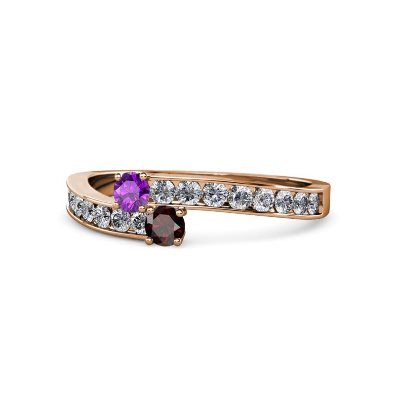 Orane Amethyst and Red Garnet with Side Diamonds Bypass Ring 