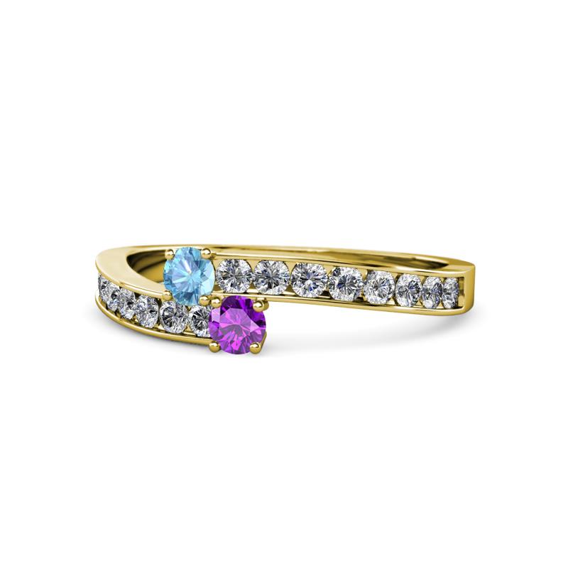 Orane Blue Topaz and Amethyst with Side Diamonds Bypass Ring 