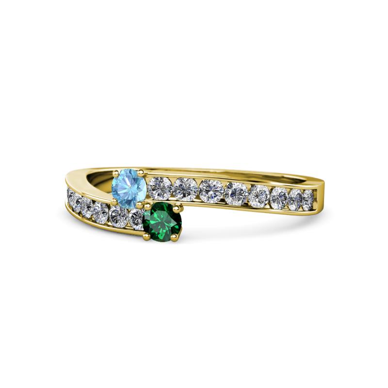 Orane Blue Topaz and Emerald with Side Diamonds Bypass Ring 