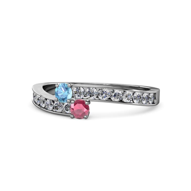Orane Blue Topaz and Rhodolite Garnet with Side Diamonds Bypass Ring 