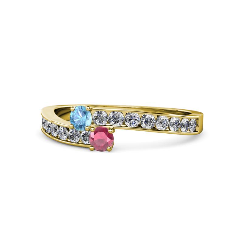 Orane Blue Topaz and Rhodolite Garnet with Side Diamonds Bypass Ring 