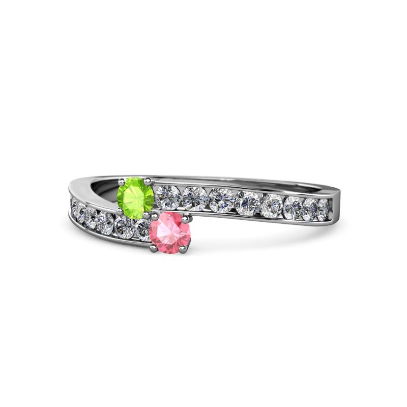 Orane Peridot and Pink Tourmaline with Side Diamonds Bypass Ring 