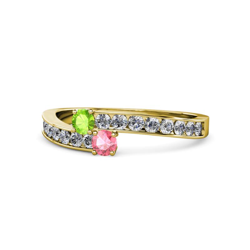 Orane Peridot and Pink Tourmaline with Side Diamonds Bypass Ring 