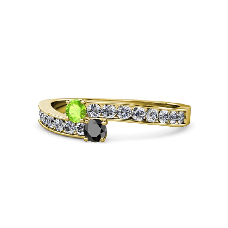 Orane Peridot and Black Diamond with Side Diamonds Bypass Ring 
