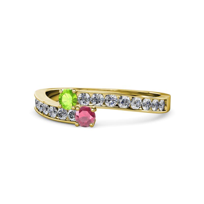 Orane Peridot and Rhodolite Garnet with Side Diamonds Bypass Ring 