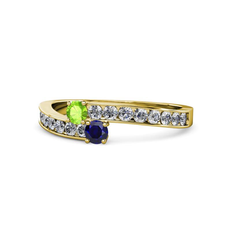 Orane Peridot and Blue Sapphire with Side Diamonds Bypass Ring 