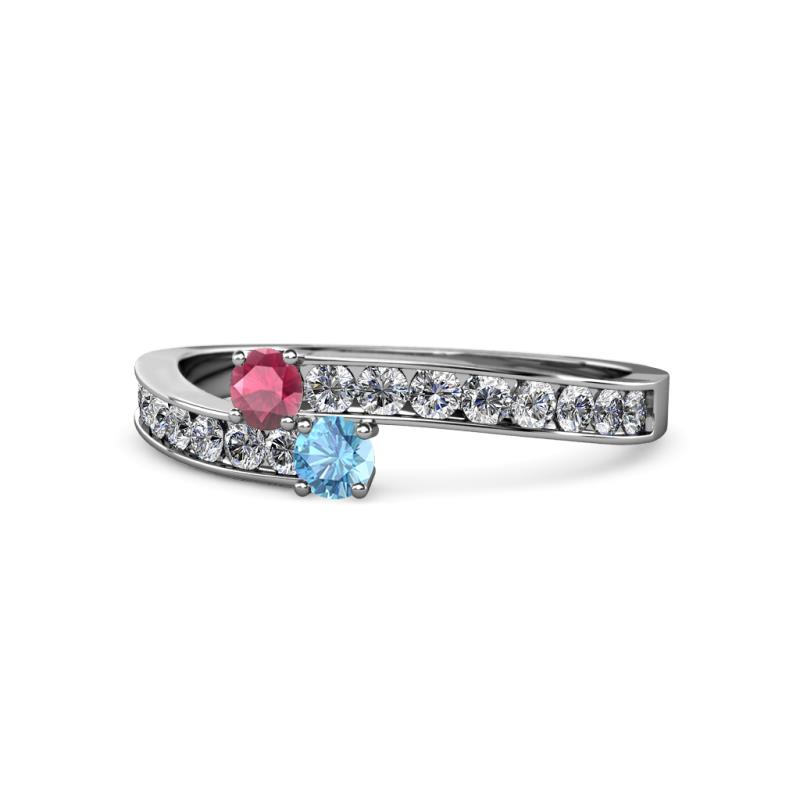Orane Rhodolite Garnet and Blue Topaz with Side Diamonds Bypass Ring 