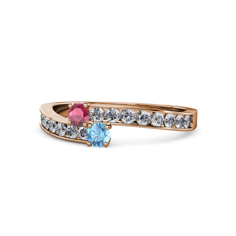 Orane Rhodolite Garnet and Blue Topaz with Side Diamonds Bypass Ring 