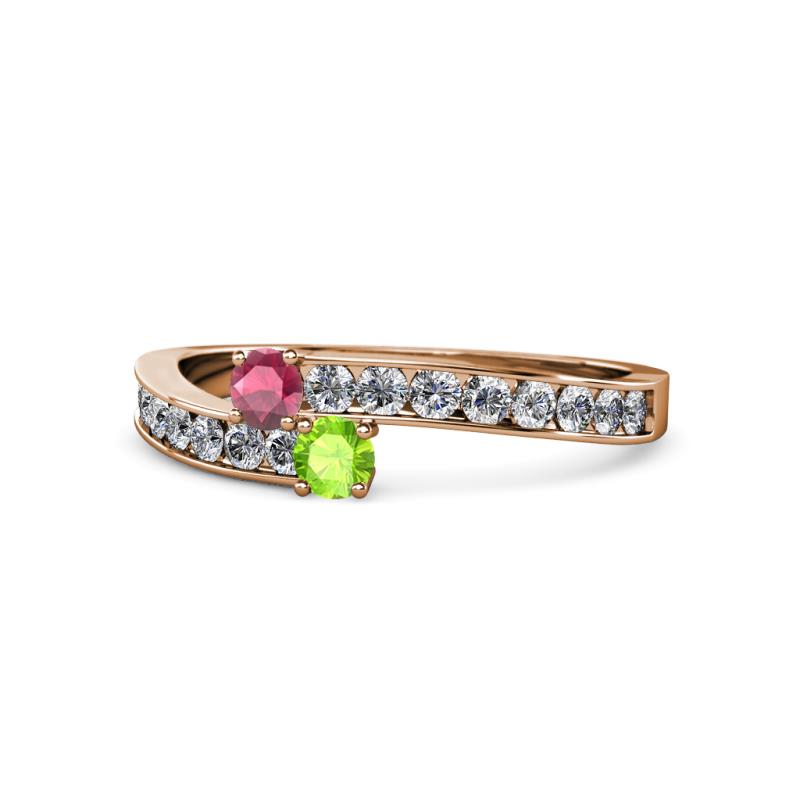 Orane Rhodolite Garnet and Peridot with Side Diamonds Bypass Ring 