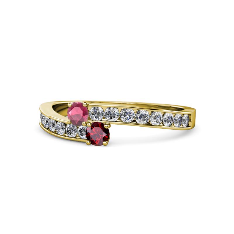 Orane Rhodolite Garnet and Ruby with Side Diamonds Bypass Ring 