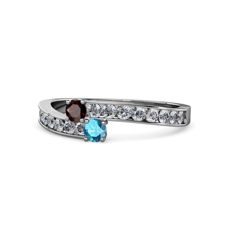 Orane Red Garnet and London Blue Topaz with Side Diamonds Bypass Ring 