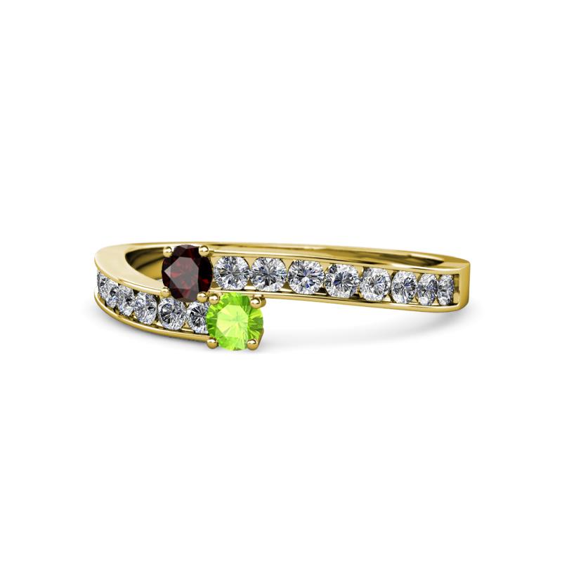 Orane Red Garnet and Peridot with Side Diamonds Bypass Ring 