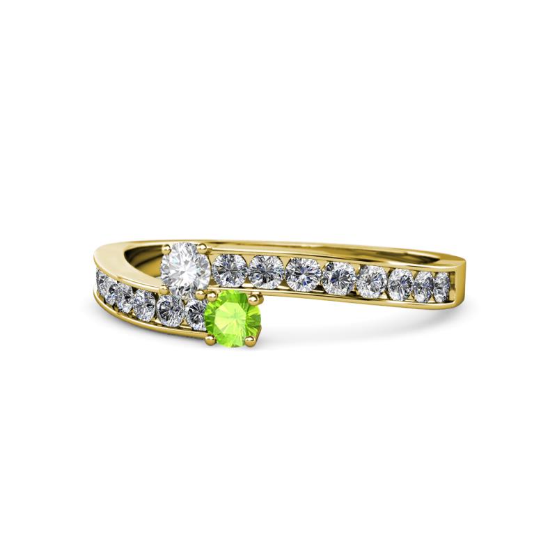 Orane Diamond and Peridot with Side Diamonds Bypass Ring 