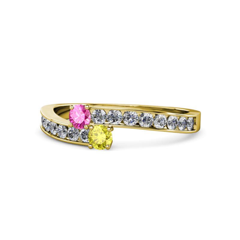 Orane Pink Sapphire and Yellow Diamond with Side Diamonds Bypass Ring 