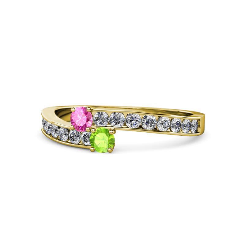 Orane Pink Sapphire and Peridot with Side Diamonds Bypass Ring 
