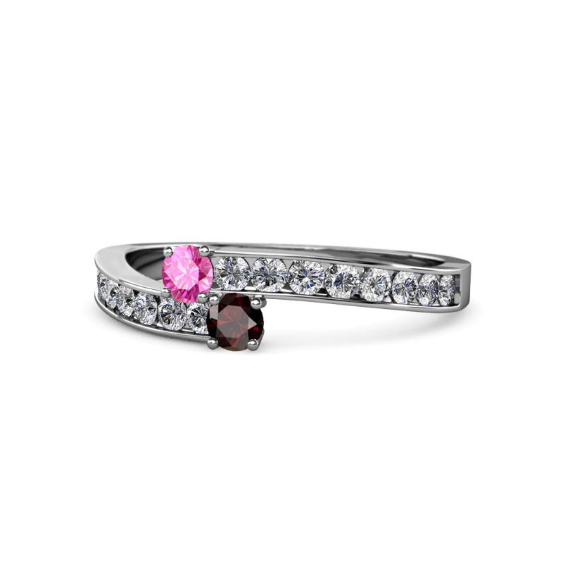 Orane Pink Sapphire and Red Garnet with Side Diamonds Bypass Ring 