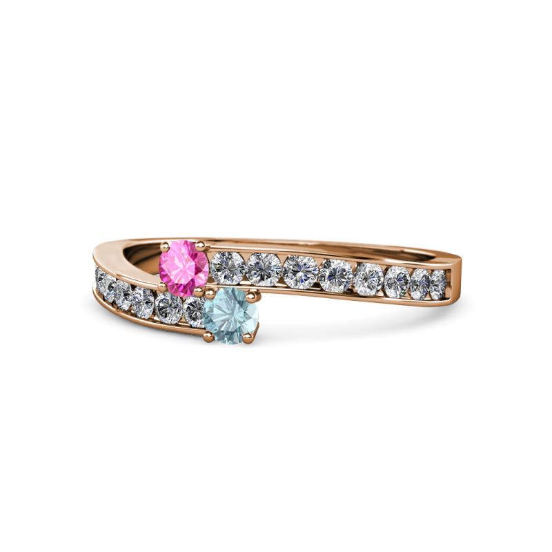 Orane Pink Sapphire and Aquamarine with Side Diamonds Bypass Ring 