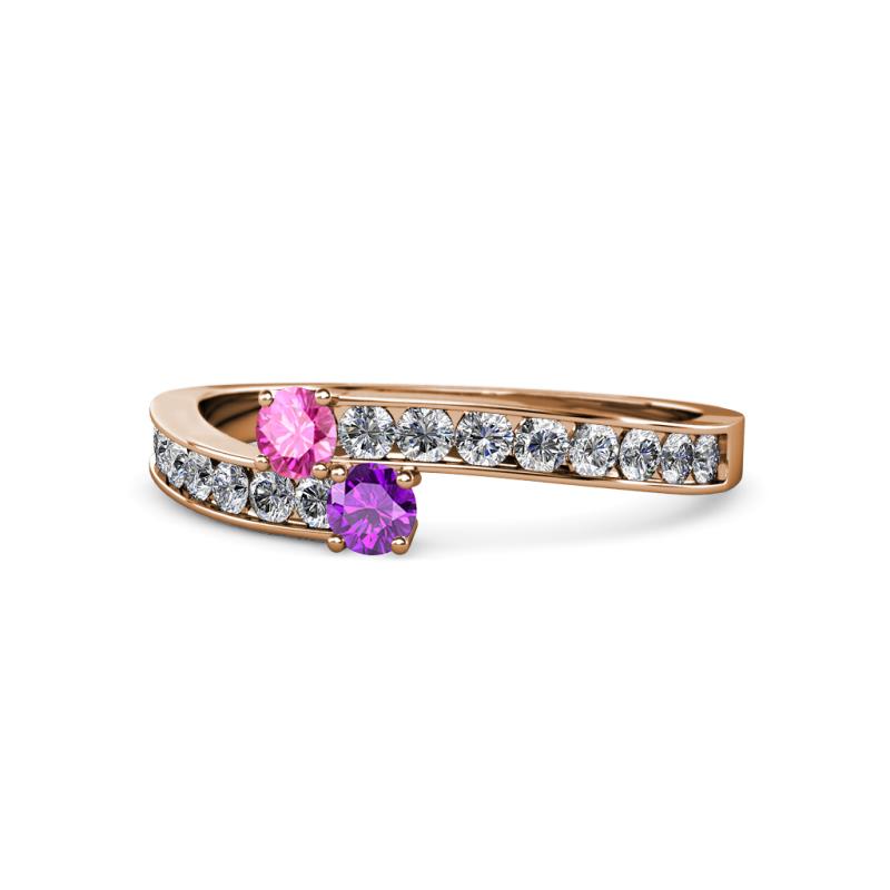 Orane Pink Sapphire and Amethyst with Side Diamonds Bypass Ring 