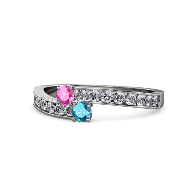 Orane Pink Sapphire and London Blue Topaz with Side Diamonds Bypass Ring 