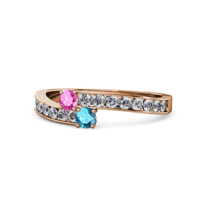 Orane Pink Sapphire and London Blue Topaz with Side Diamonds Bypass Ring 