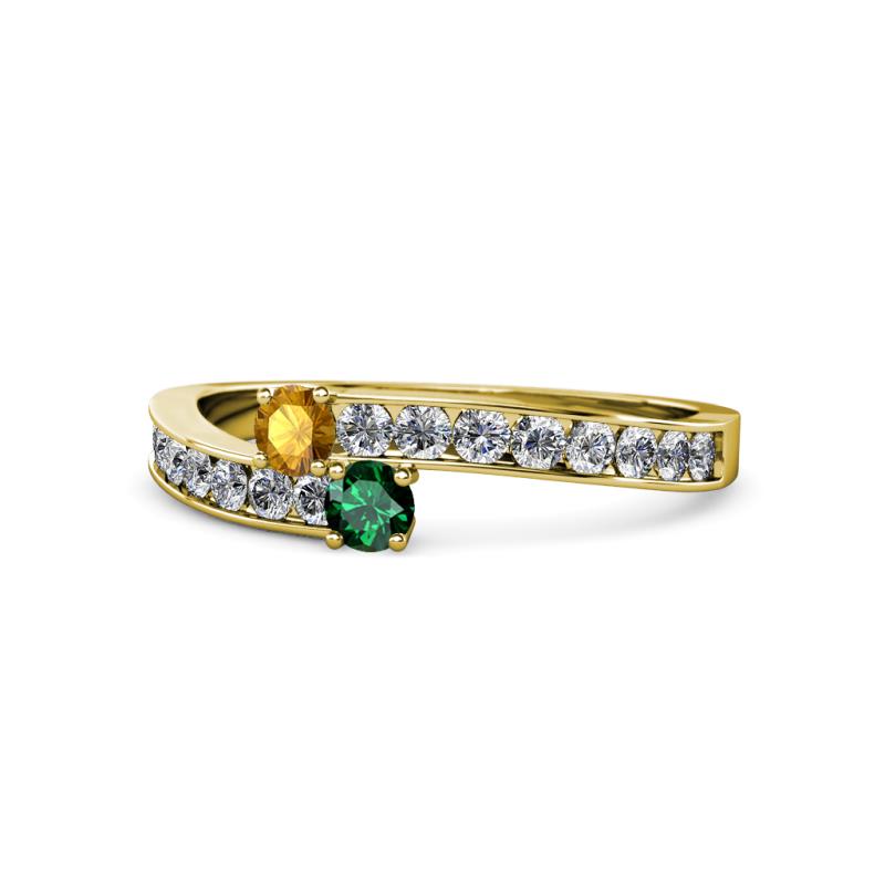 Orane Citrine and Emerald with Side Diamonds Bypass Ring 