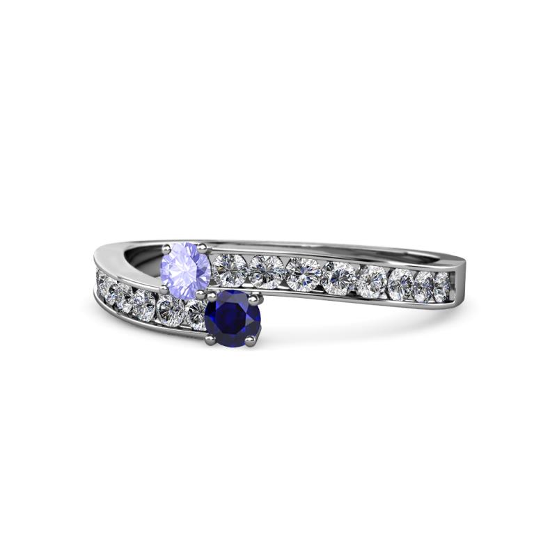 Orane Tanzanite and Blue Sapphire with Side Diamonds Bypass Ring 
