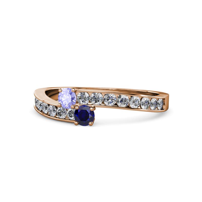 Orane Tanzanite and Blue Sapphire with Side Diamonds Bypass Ring 