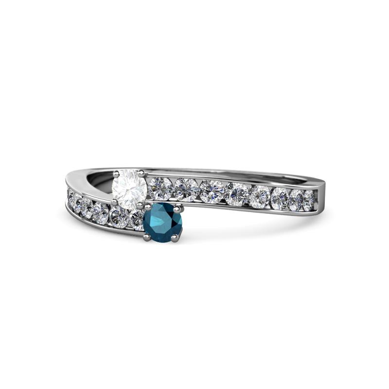 Orane White Sapphire and Blue Diamond with Side Diamonds Bypass Ring 