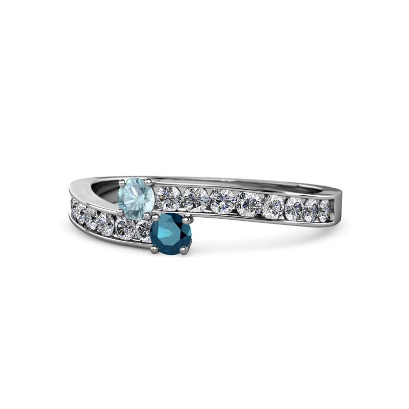 Orane Aquamarine and Blue Diamond with Side Diamonds Bypass Ring 