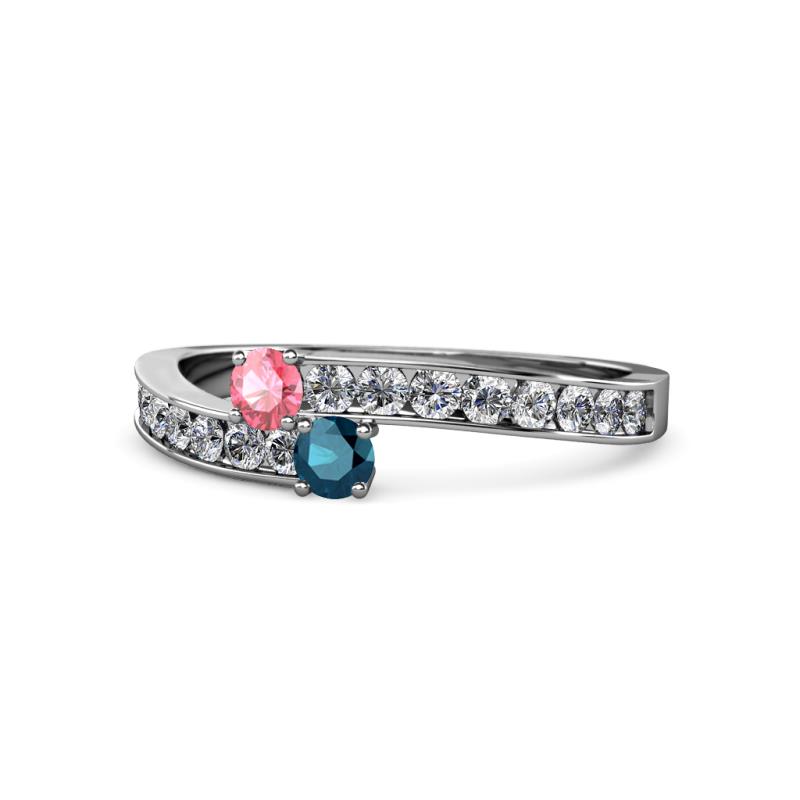 Orane Pink Tourmaline and Blue Diamond with Side Diamonds Bypass Ring 