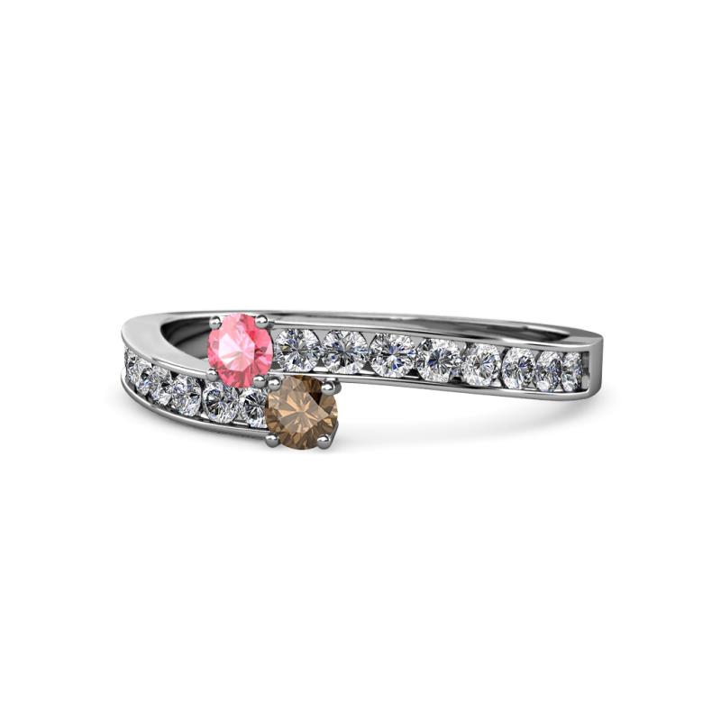Orane Pink Tourmaline and Smoky Quartz with Side Diamonds Bypass Ring 