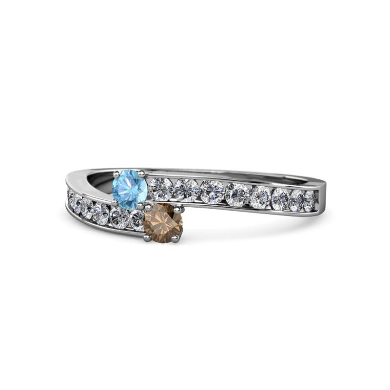 Orane Blue Topaz and Smoky Quartz with Side Diamonds Bypass Ring 