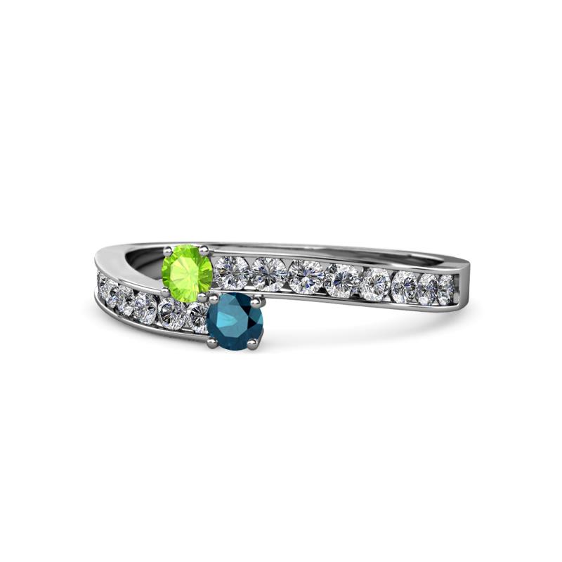 Orane Peridot and Blue Diamond with Side Diamonds Bypass Ring 