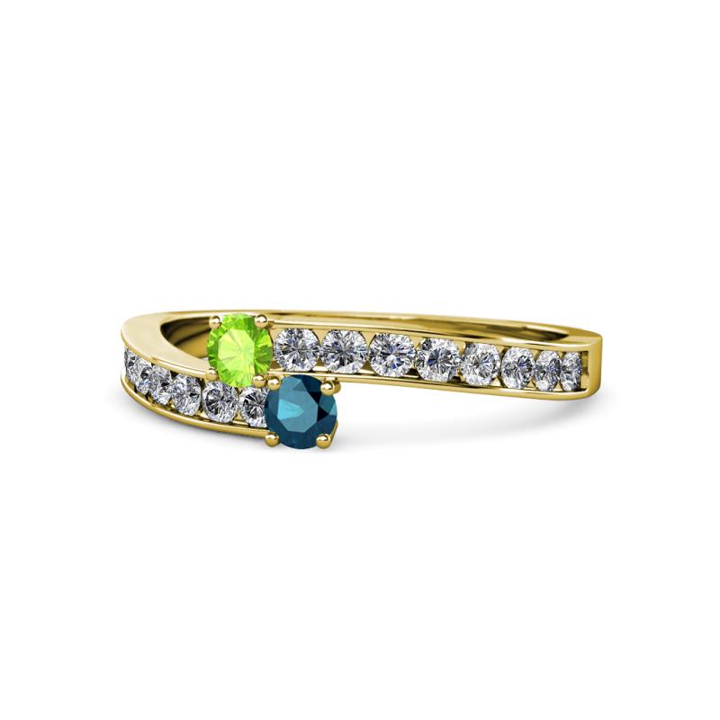 Orane Peridot and Blue Diamond with Side Diamonds Bypass Ring 