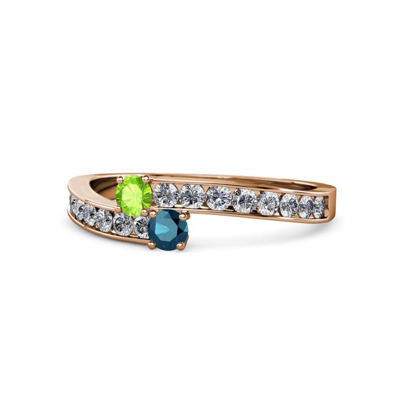 Orane Peridot and Blue Diamond with Side Diamonds Bypass Ring 