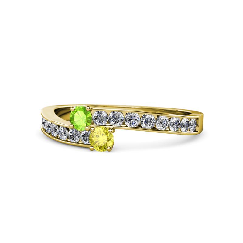 Orane Peridot and Yellow Diamond with Side Diamonds Bypass Ring 