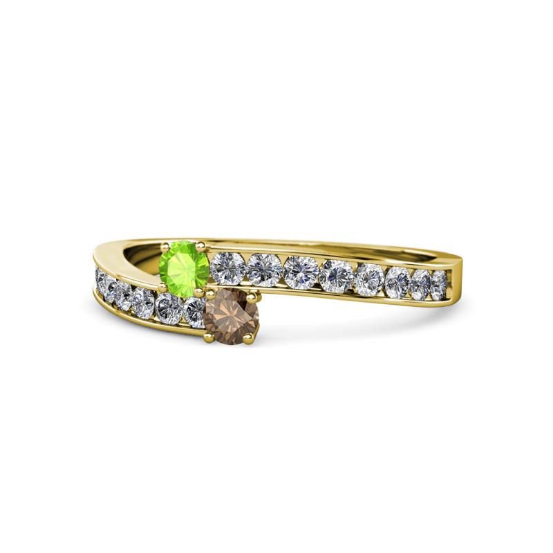 Orane Peridot and Smoky Quartz with Side Diamonds Bypass Ring 