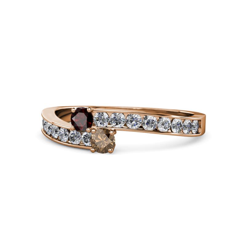Orane Red Garnet and Smoky Quartz with Side Diamonds Bypass Ring 