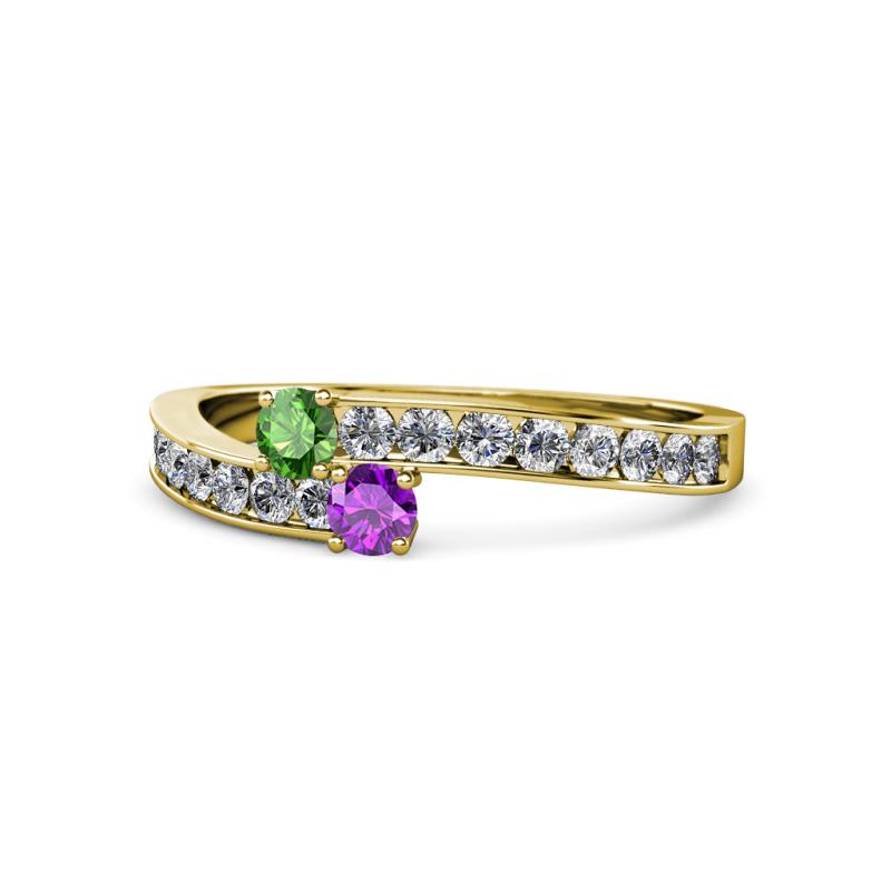 Orane Green Garnet and Amethyst with Side Diamonds Bypass Ring 
