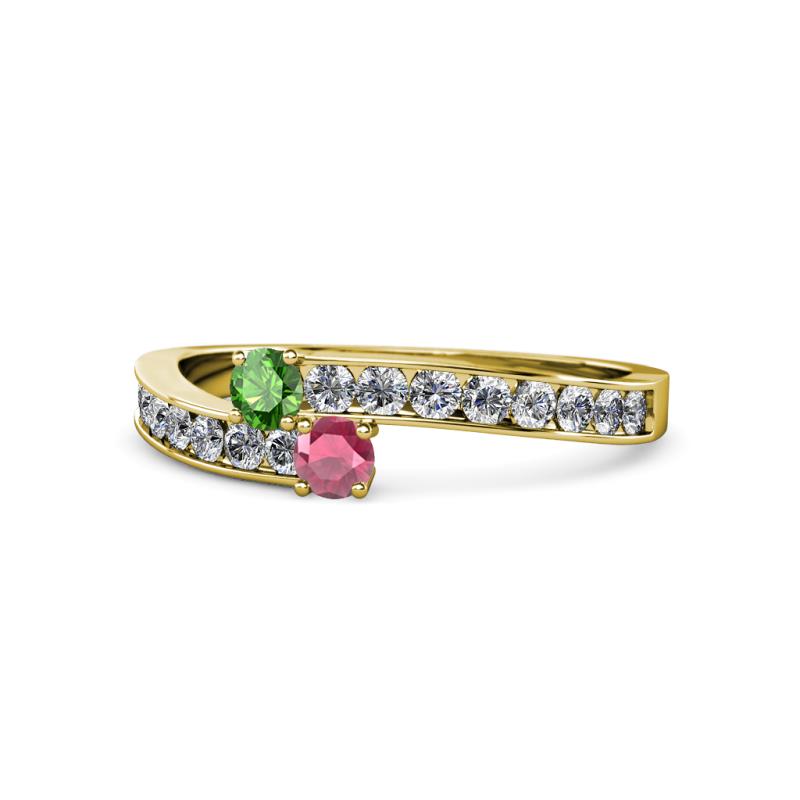Orane Green and Rhodolite Garnet with Side Diamonds Bypass Ring 