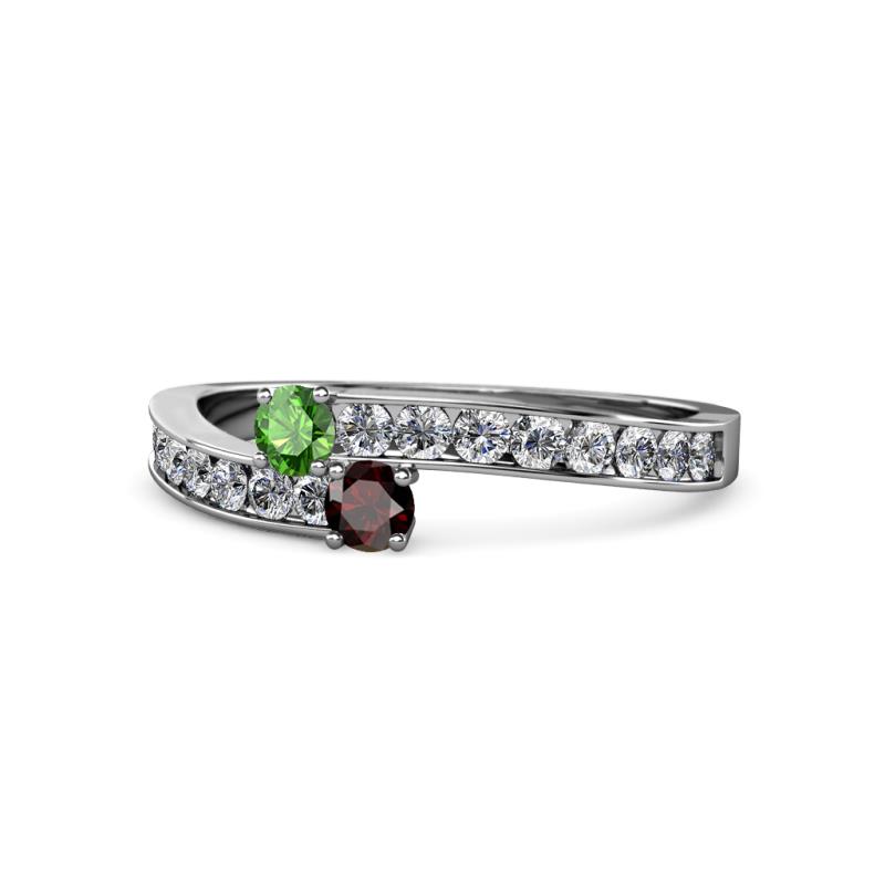 Orane Green and Red Garnet with Side Diamonds Bypass Ring 